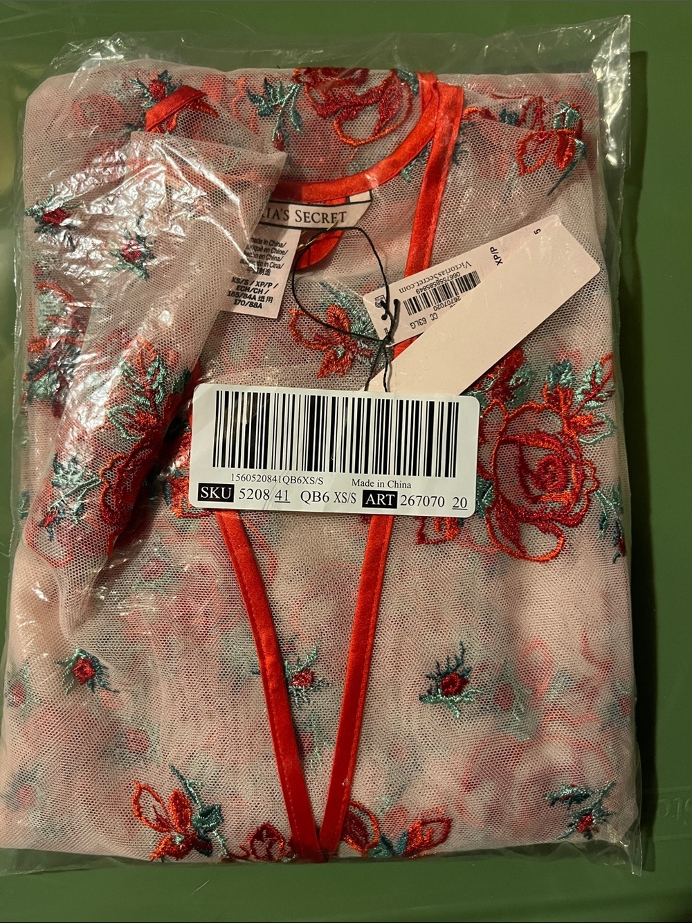 Victoria's Secret Pink Mesh Floral Embroidered Robe with Red Trim NWT + bag XS/S